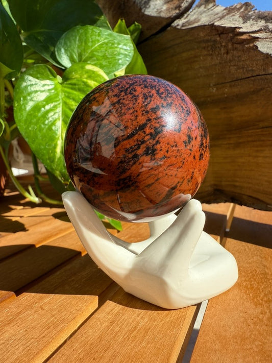 Mahogany Obsidian Sphere with Porcelain Hand 1 - Studio Selyn