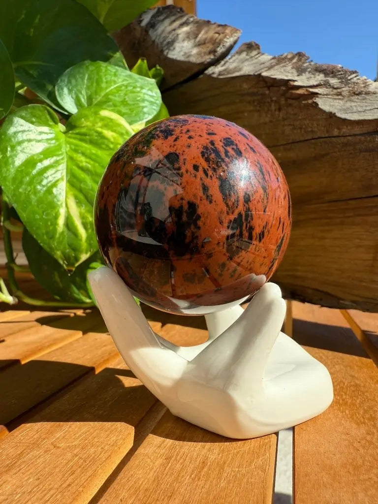 Mahogany Obsidian Sphere with Porcelain Hand 2 - Studio Selyn