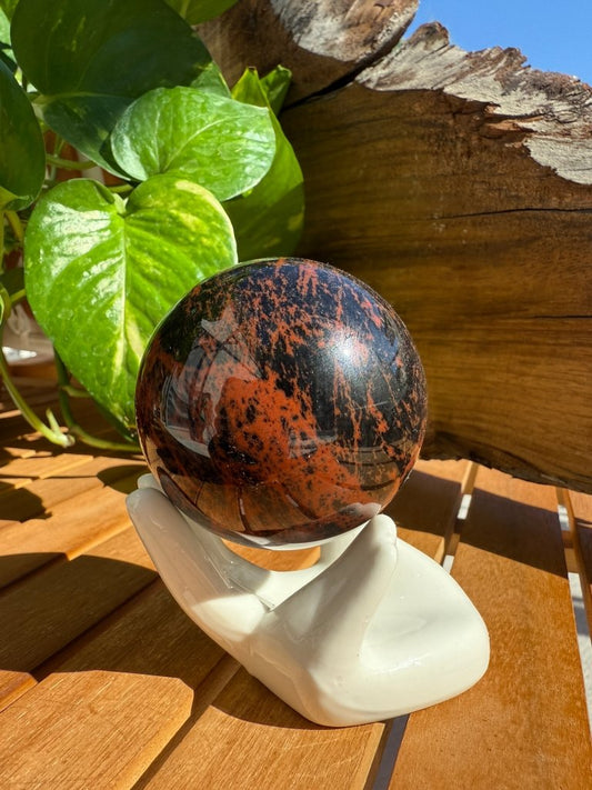 Mahogany Obsidian Sphere with Porcelain Hand 3 - Studio Selyn