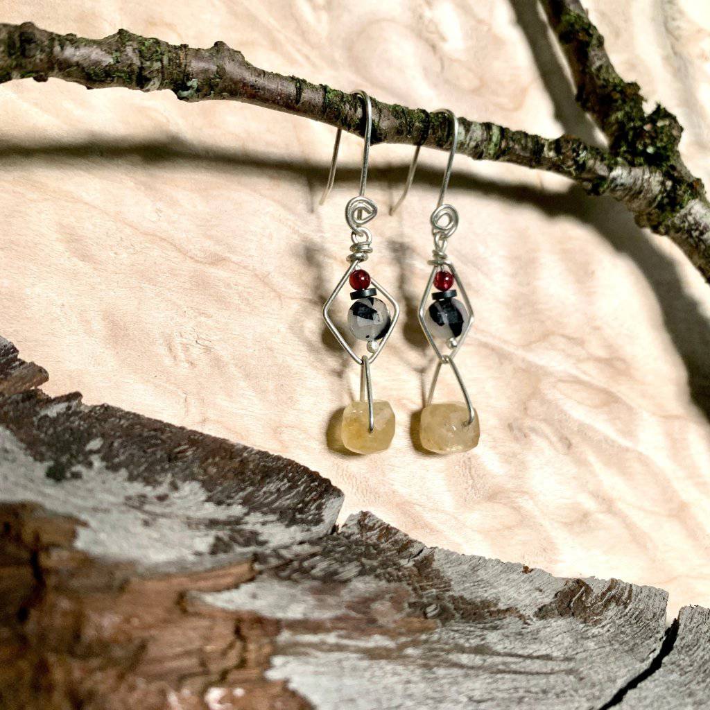 Abundance Citrine, Garnet, & Tourmaline Quartz Geo Crystal Earrings - Studio Selyn