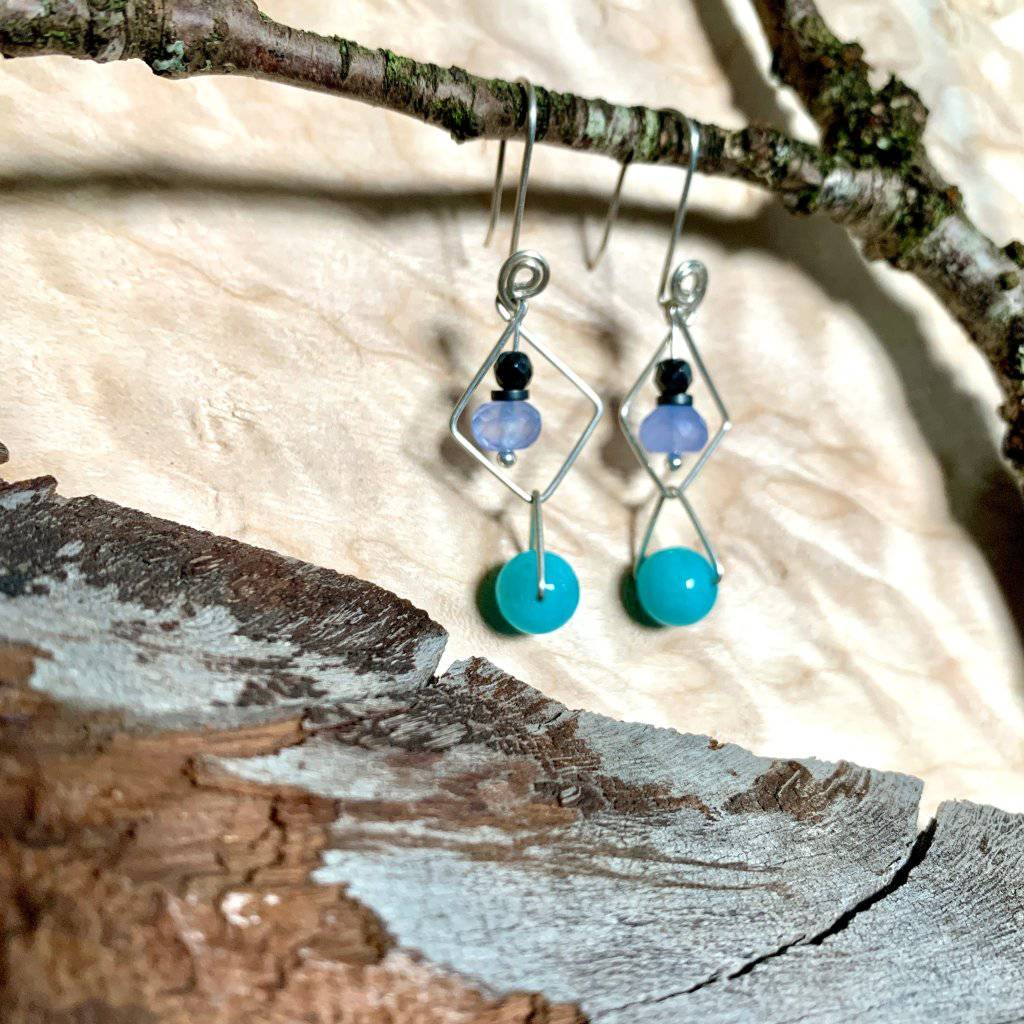 Amazonite, Blue Chalcedony, & Hematite Geo Crystal Earrings - Studio Selyn