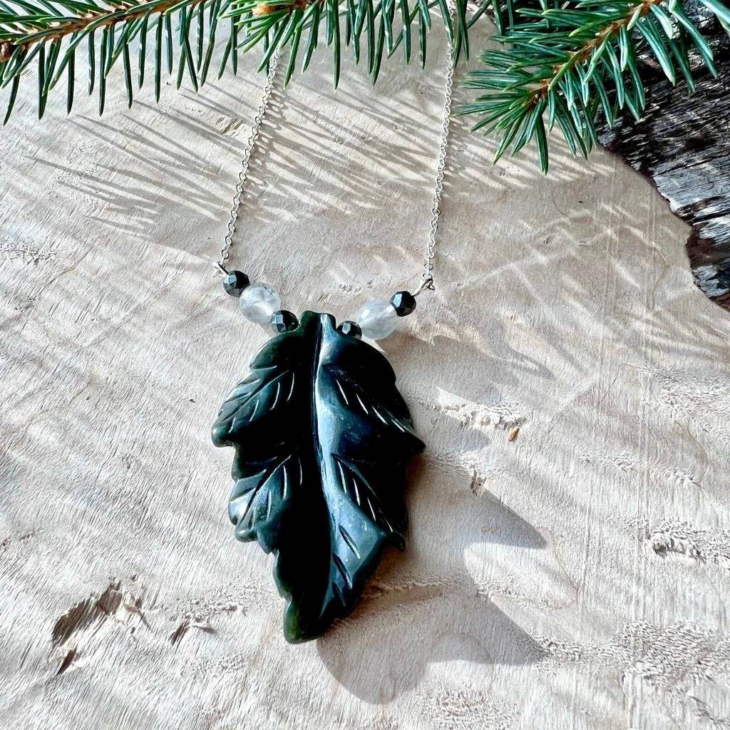 Black Agate Leaf with Silver Quartz and Hematite Crystal Necklace - Studio Selyn