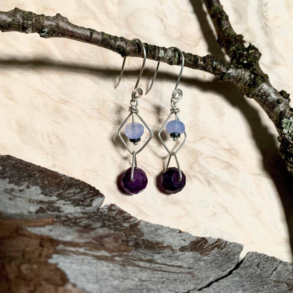 Blue Chalcedony, Hematite, & Amethyst Geo Crystal Earrings - Studio Selyn