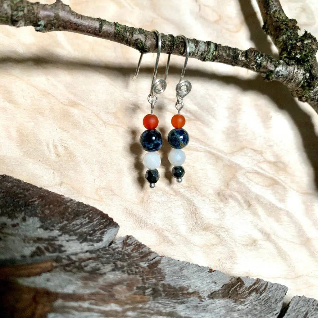 Carnelian, Pietersite, Moonstone, & Hematite Rising Light Crystal Earrings - Studio Selyn