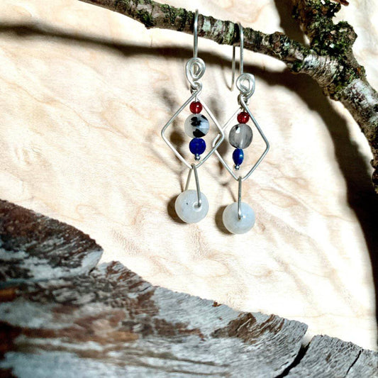 Courage Moonstone, Garnet, & Tourmaline Quartz Geo Crystal Earrings - Studio Selyn