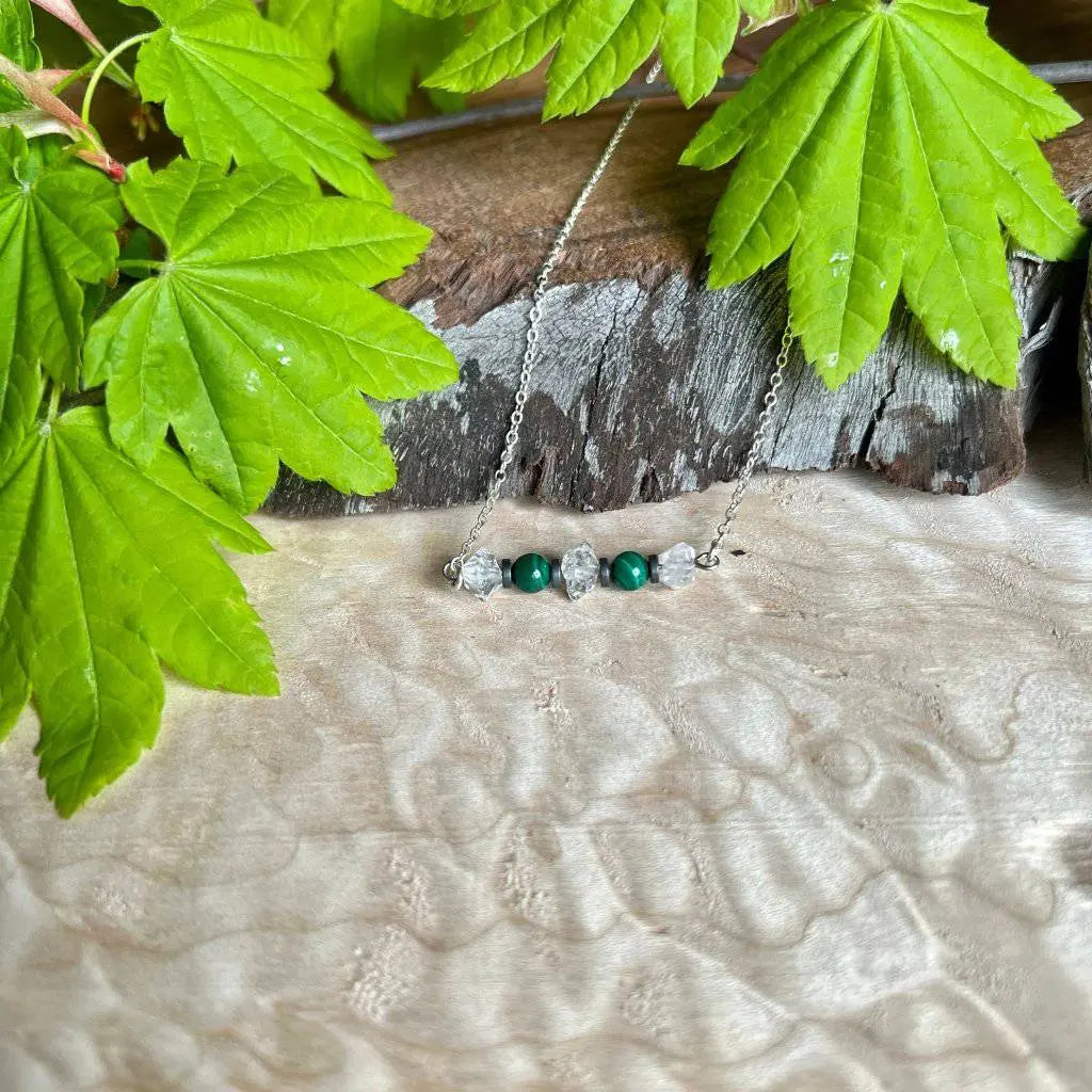 Herkimer Diamond, Hematite, and Malachite Necklace Strength Horizon Crystal Necklace - Studio Selyn