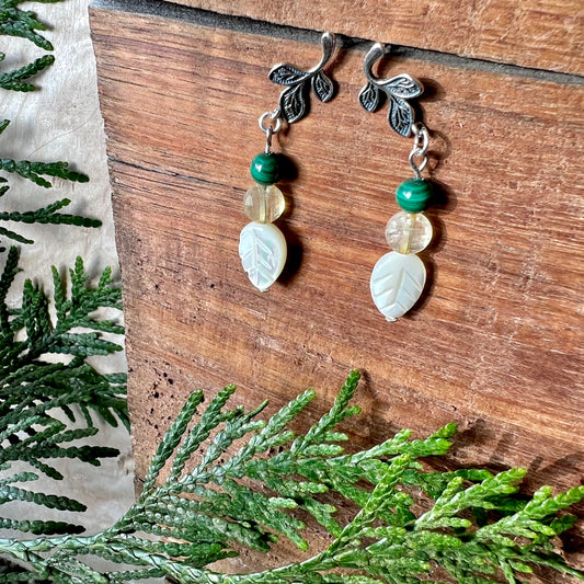 Malachite, citrine, shell earrings - Studio Selyn