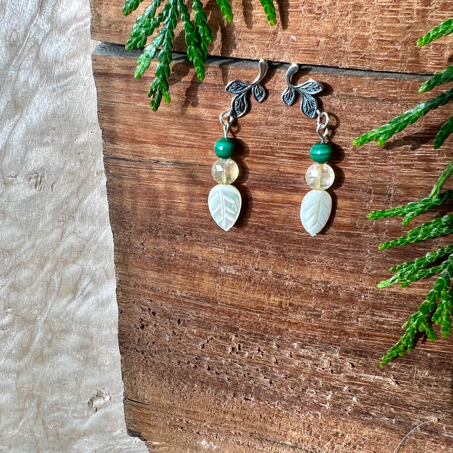 Malachite, citrine, shell earrings - Studio Selyn