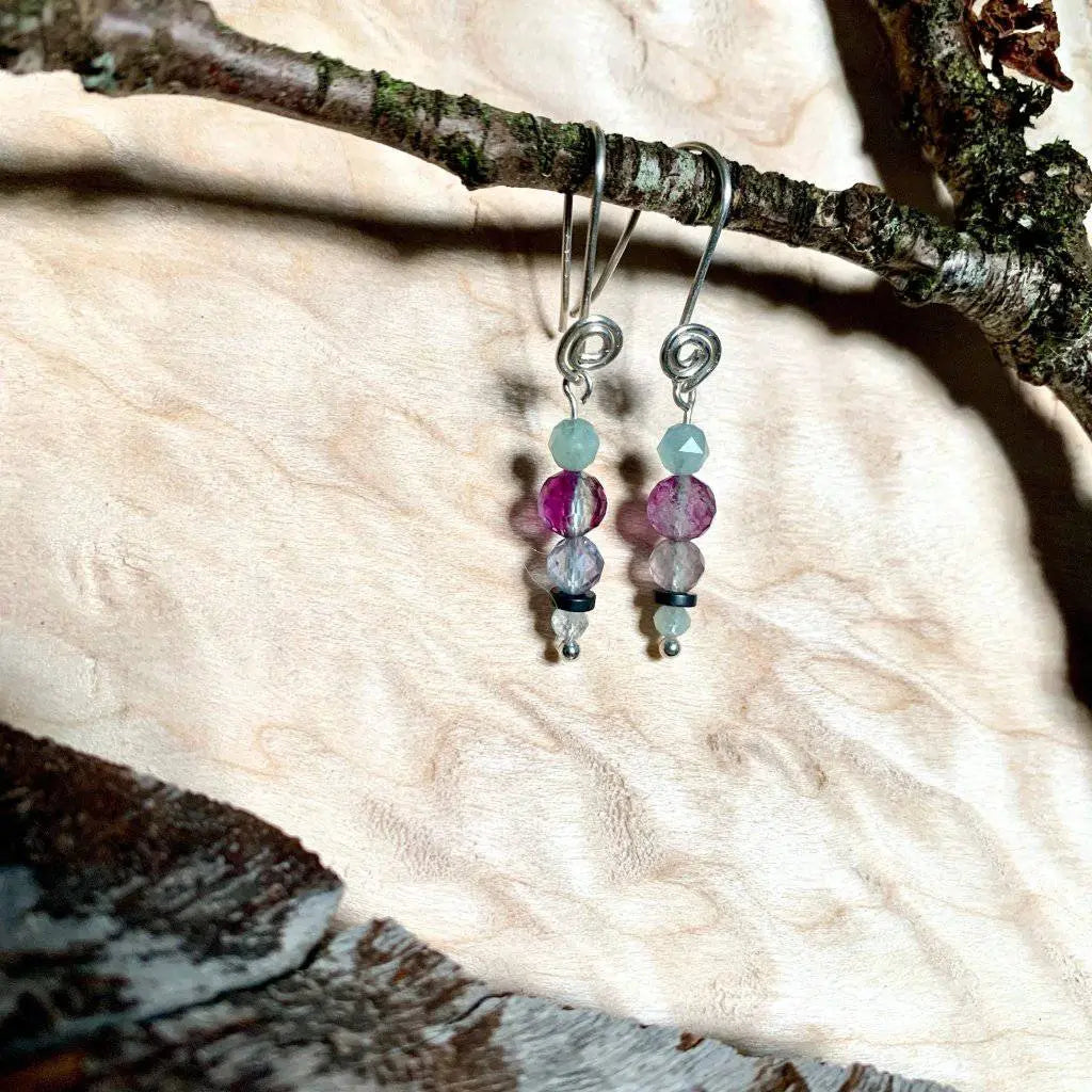 Intuition Morganite, Fluorite, & Hematite Rising Light Crystal Earrings - Studio Selyn