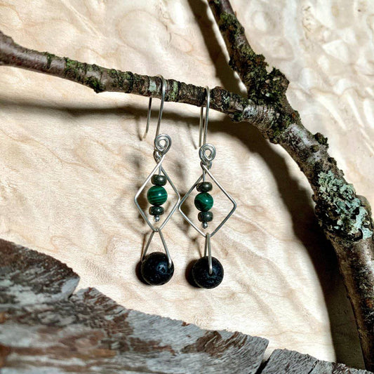 Lava, Malachite, & Pyrite Geo Crystal Earrings - Studio Selyn