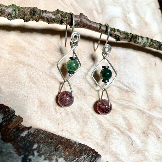 Moss Agate, Strawberry Quartz, & Hematite Geo Crystal Earrings - Studio Selyn