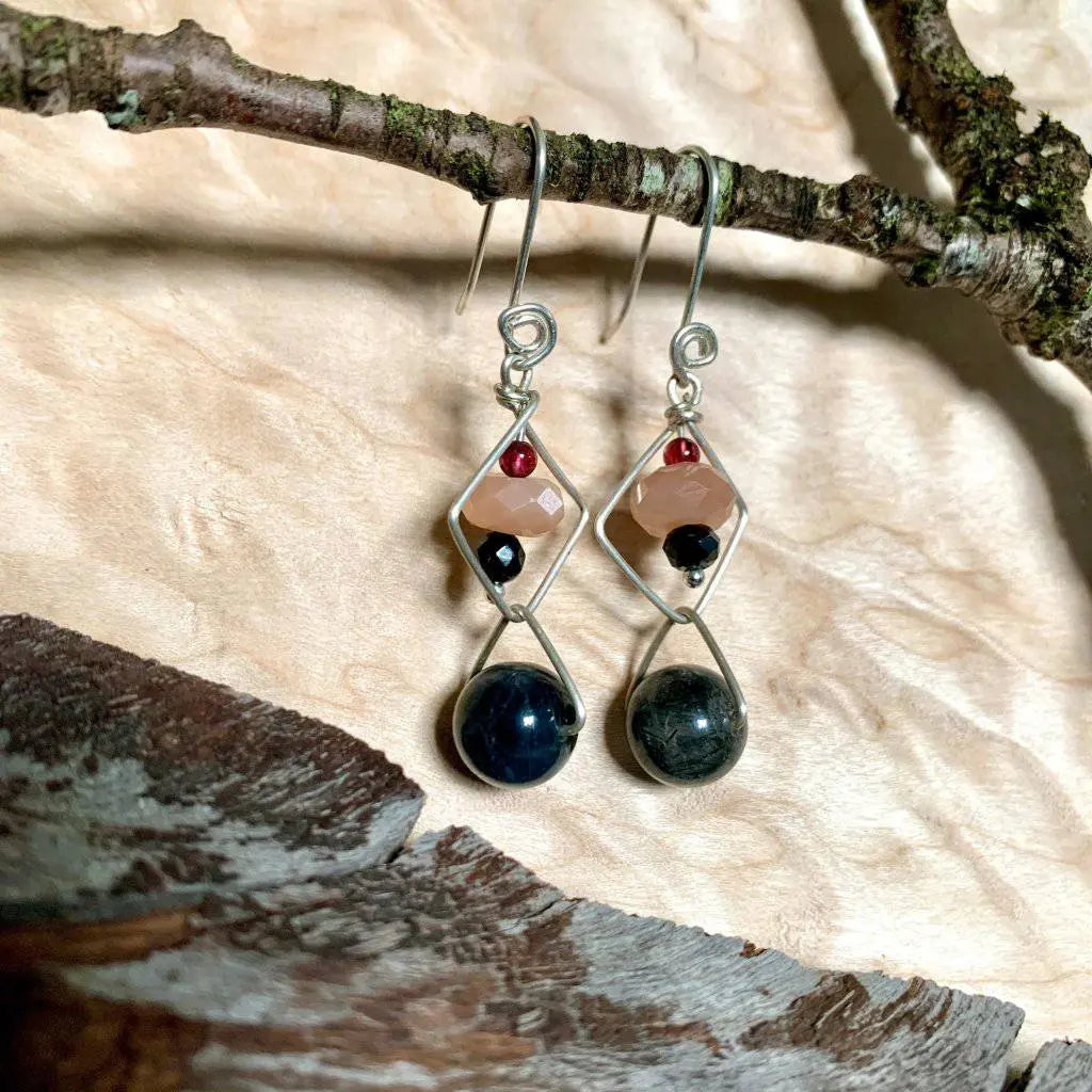 Passion Garnet, Peach Moonstone, Blue Rutile, & Spinel Geo Crystal Earrings - Studio Selyn