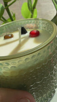 Load and play video in Gallery viewer, Green Glass Crystal Candle – Coral, Black Obsidian & Tiger’s Eye
