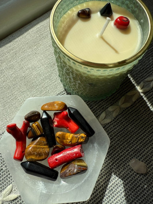 Green Glass Crystal Candle – Coral, Black Obsidian & Tiger’s Eye - Studio Selyn 