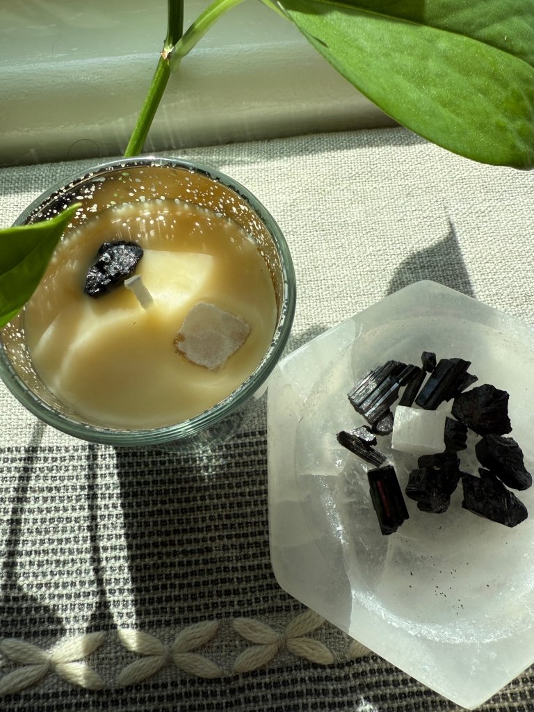 Silver Crystal Tea Light Candle – Selenite & Black Tourmaline - Studio Selyn 