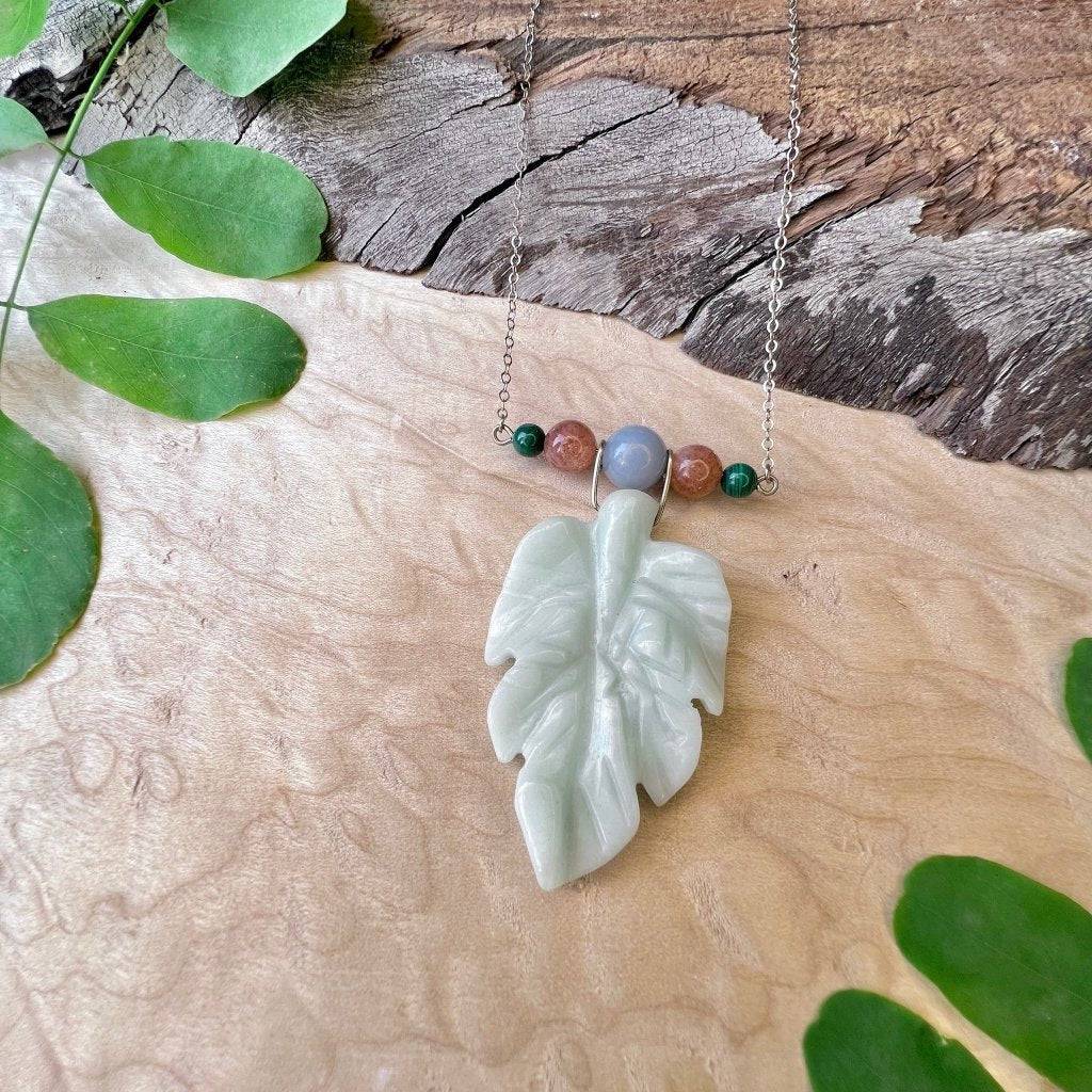 Amazonite Leaf Necklace with Malachite, Sunstone, Angelite - Studio Selyn