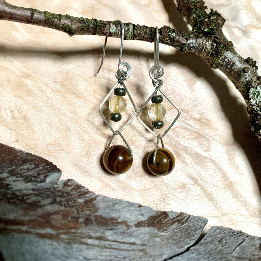 Amber, Citrine, Tiger’s Eye, Hematite, & Pyrite Geo Crystal Earrings - Studio Selyn