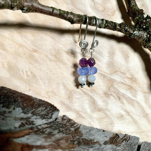 Amethyst, Blue Chalcedony, Moonstone Rising Light Inspiration Crystal Earrings - Studio Selyn