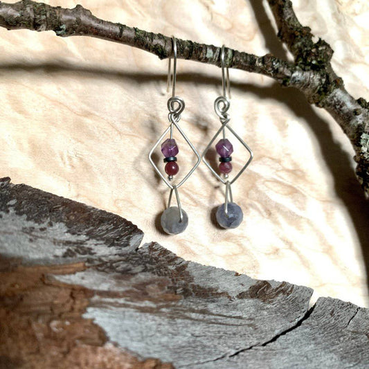 Amethyst, Iolite, Lepidolite, & Hematite Geo Crystal Earrings - Studio Selyn