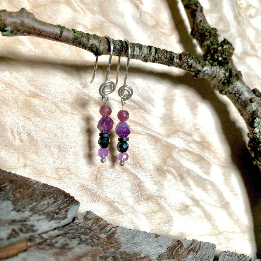 Amethyst, Lepidolite, Iolite, Hematite, & Ajna Rising Light Crystal Earrings - Studio Selyn