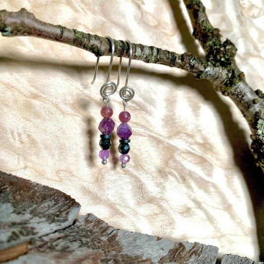 Amethyst, Lepidolite, Iolite, Hematite, & Ajna Rising Light Crystal Earrings - Studio Selyn