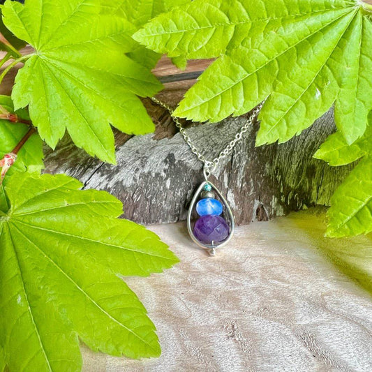 Azurite, Amethyst, Pyrite, and Blue Chalcedony Inspiration Crystal Droplet Necklace - Studio Selyn