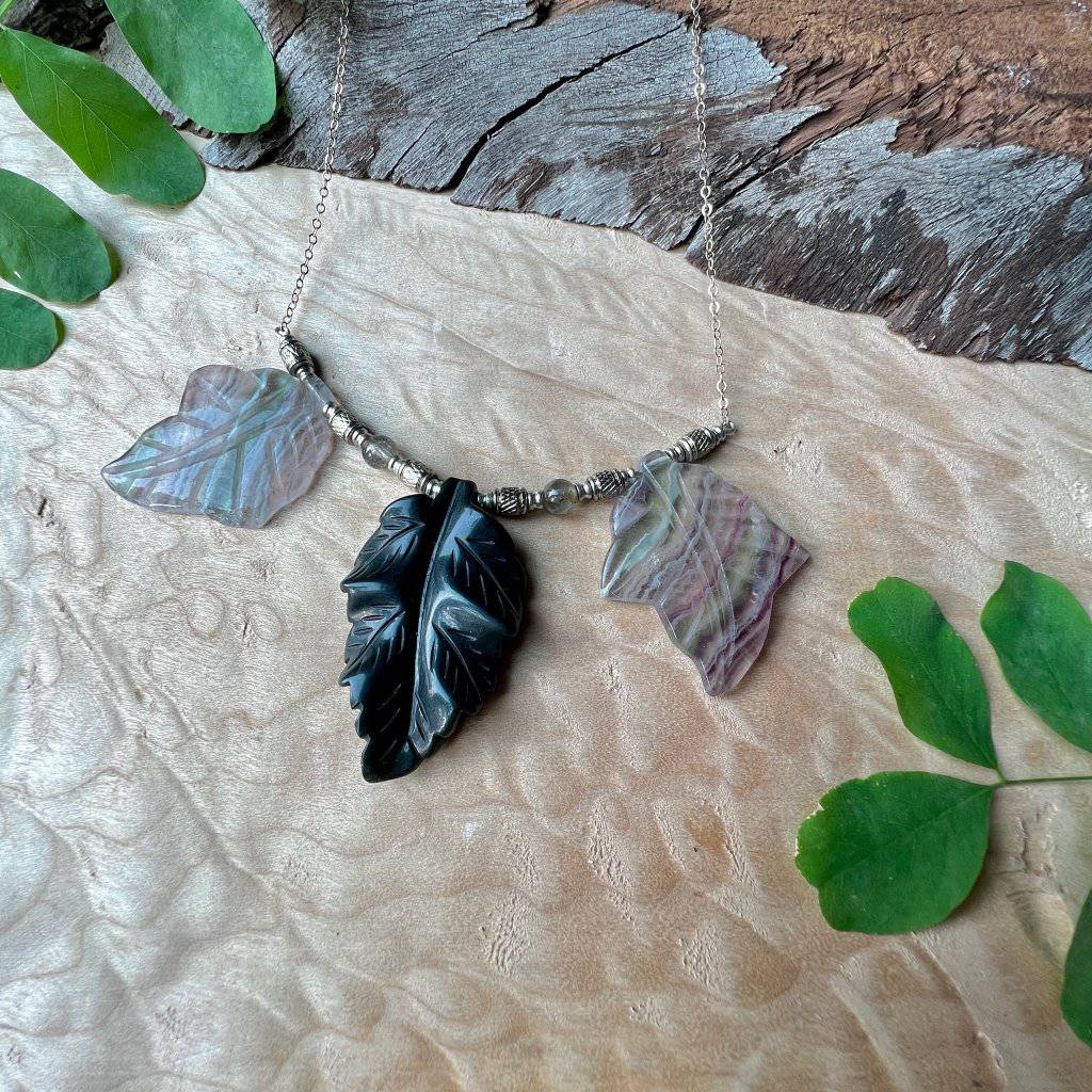Black Agate and Fluorite Leaf Necklace - Touch of Nature - Studio Selyn