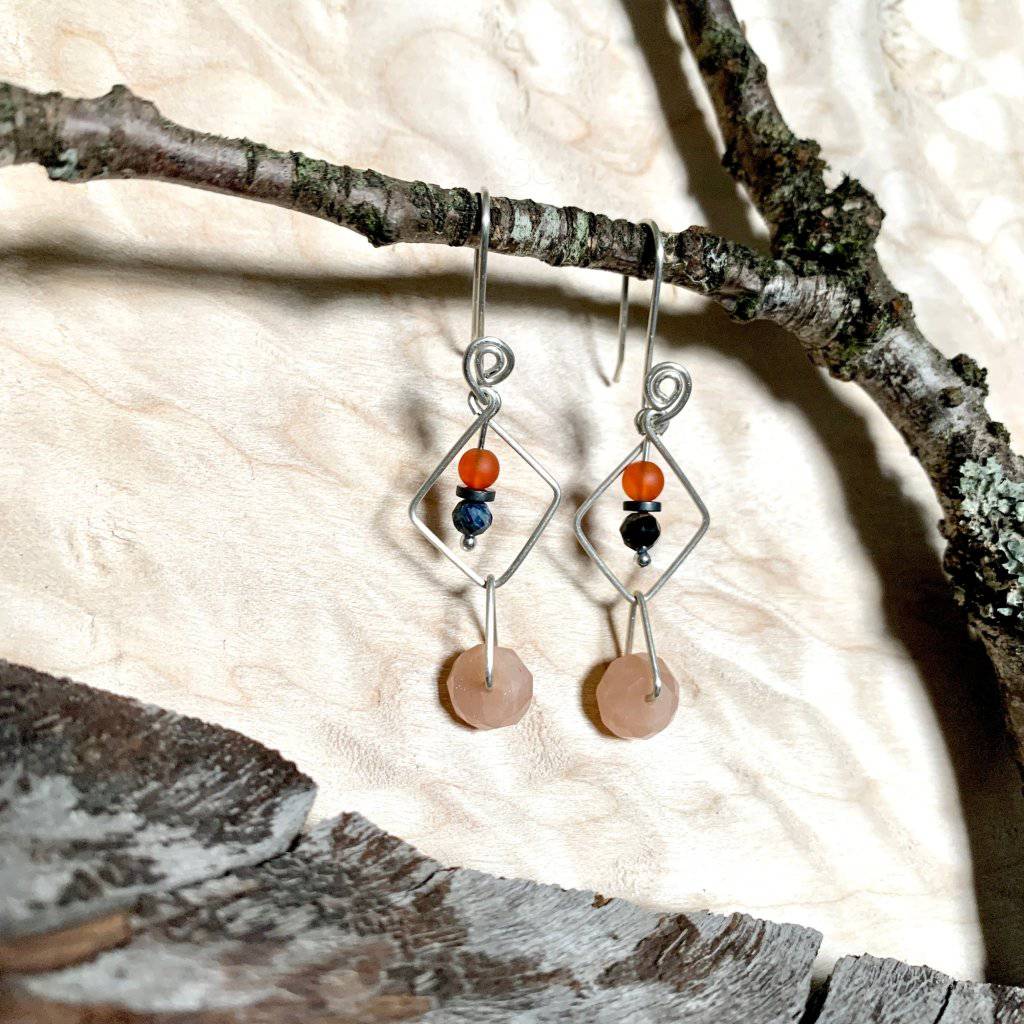 Carnelian, Pietersite, Peach Moonstone, & Hematite Geo Crystal Earrings - Studio Selyn