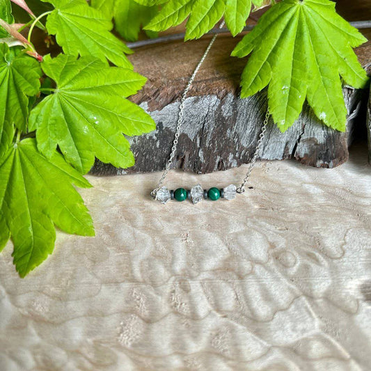 Herkimer Diamond, Hematite, and Malachite Necklace Strength Horizon Crystal Necklace - Studio Selyn