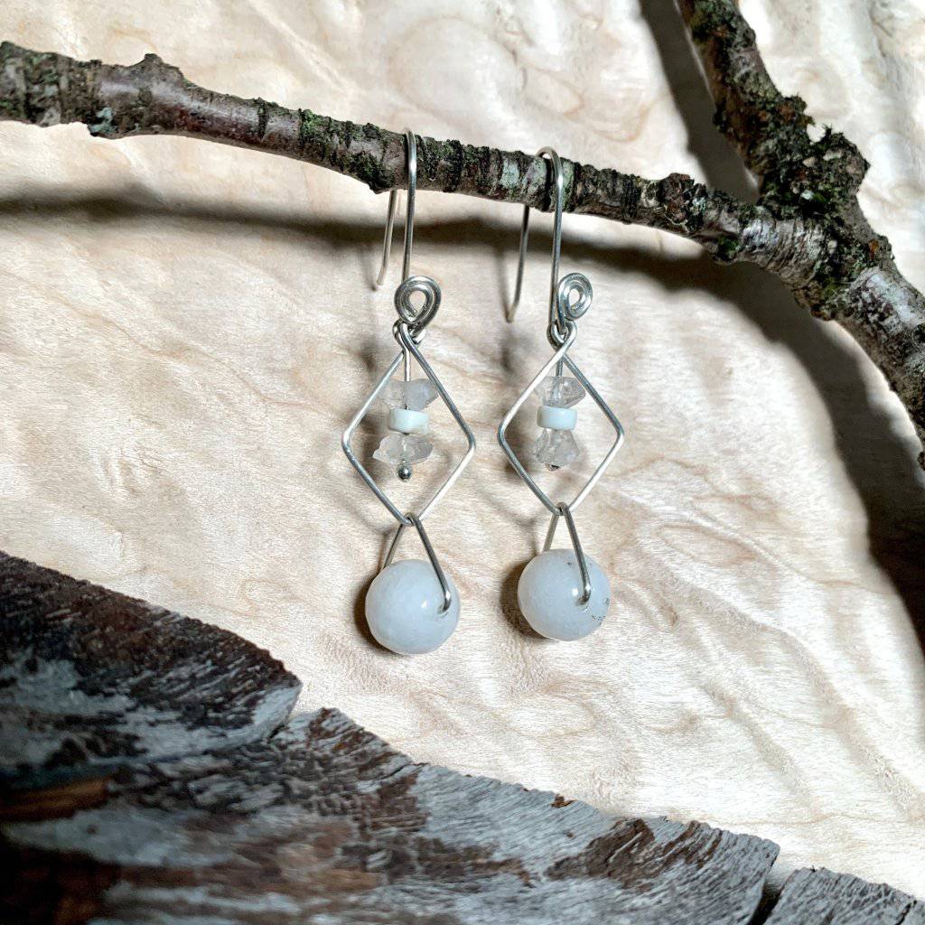 Herkimer Diamond, White Jade, & Howlite Geo Crystal Earrings - Studio Selyn