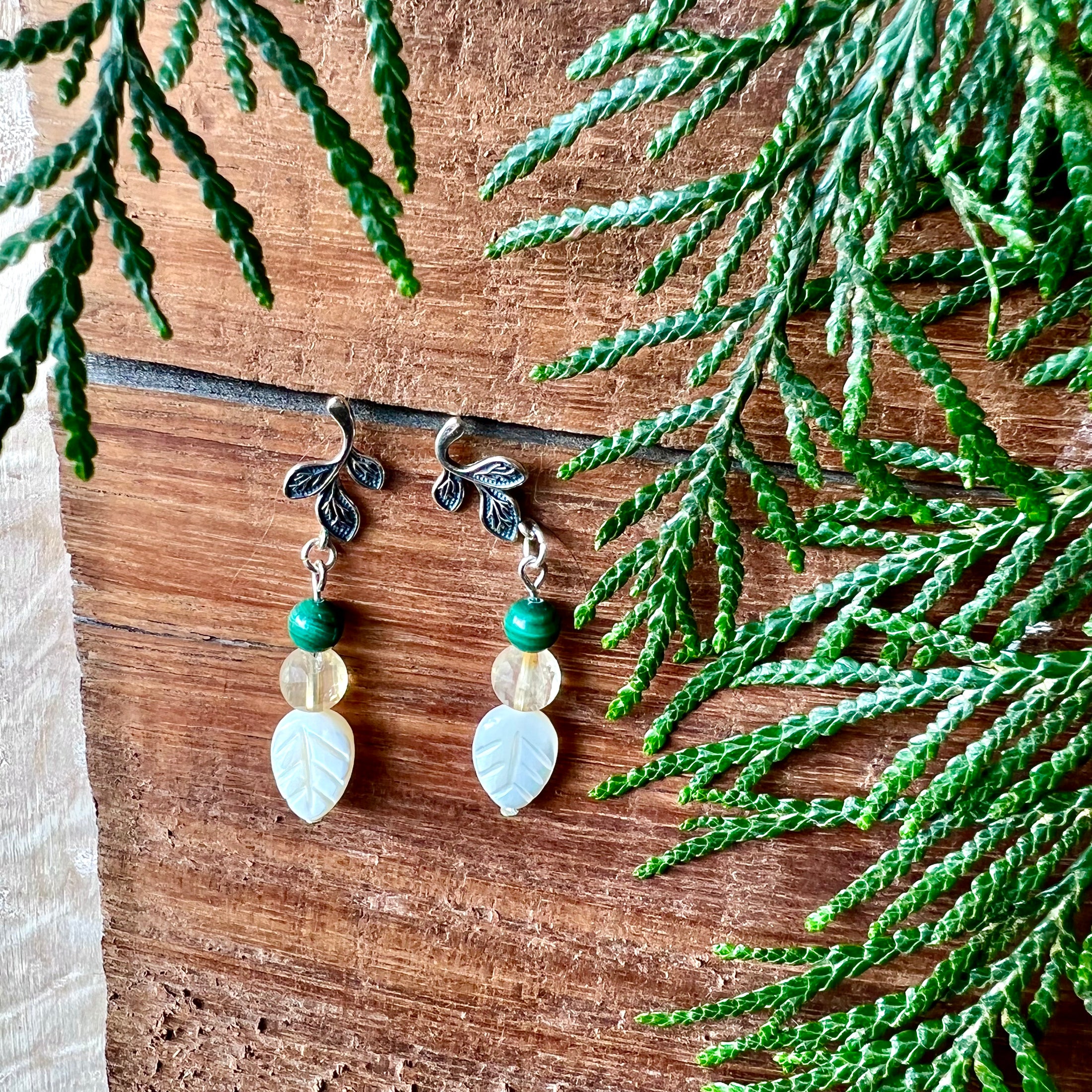 Malachite, citrine, shell earrings - Studio Selyn 