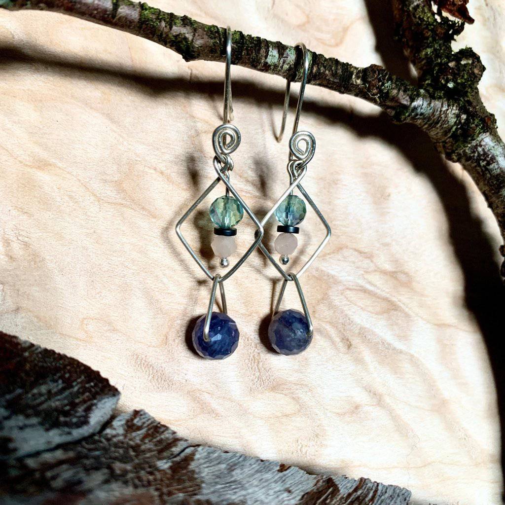 Intuition Fluorite, Morganite, Iolite, & Hematite Geo Crystal Earrings - Studio Selyn