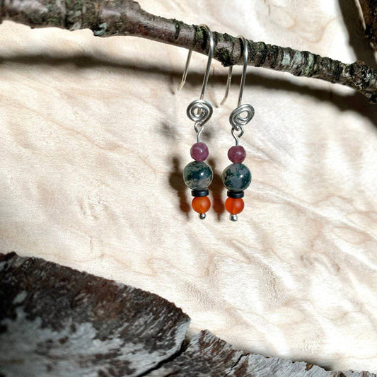 Lepidolite, Moss Agate, Carnelian, & Hematite Rising Light Empowerment Crystal Earrings - Studio Selyn