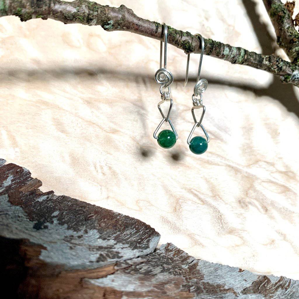 Moss Agate, Earrings, Heart Chakra, Trinity Crystal Earrings - Studio Selyn