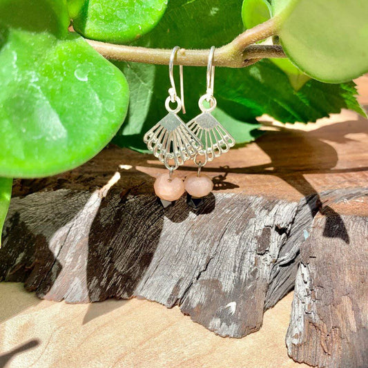 Peach Moonstone, Black Tourmaline, Fan Crystal Earrings - Studio Selyn
