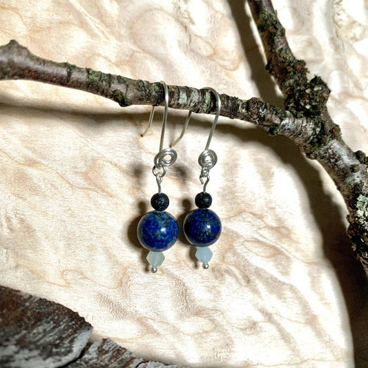 Protection Lapis, Lava, & Morganite Rising Light Crystal Earrings - Studio Selyn