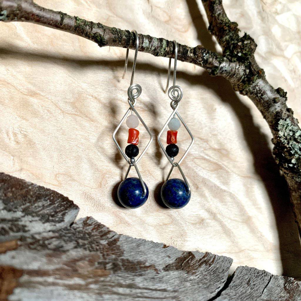 Protection Lapis, Morganite, Coral, & Lava Geo Crystal Earrings - Studio Selyn