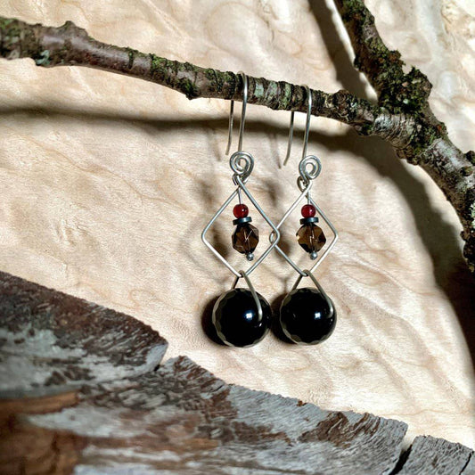 Rooted Onyx, Garnet, Smoky Quartz, & Hematite Geo Crystal Earrings - Studio Selyn