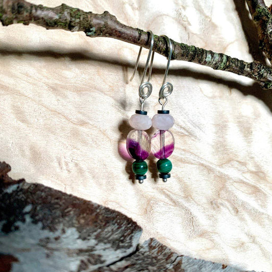Rose Quartz, Fluorite, Malachite, & Hematite Rising Light Crystal Earrings - Studio Selyn