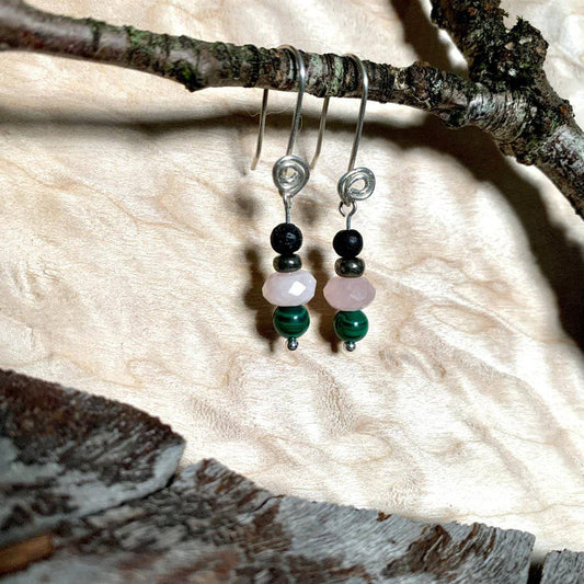 Self Love Lava, Pyrite, Rose Quartz, & Malachite Rising Light Crystal Earrings - Studio Selyn
