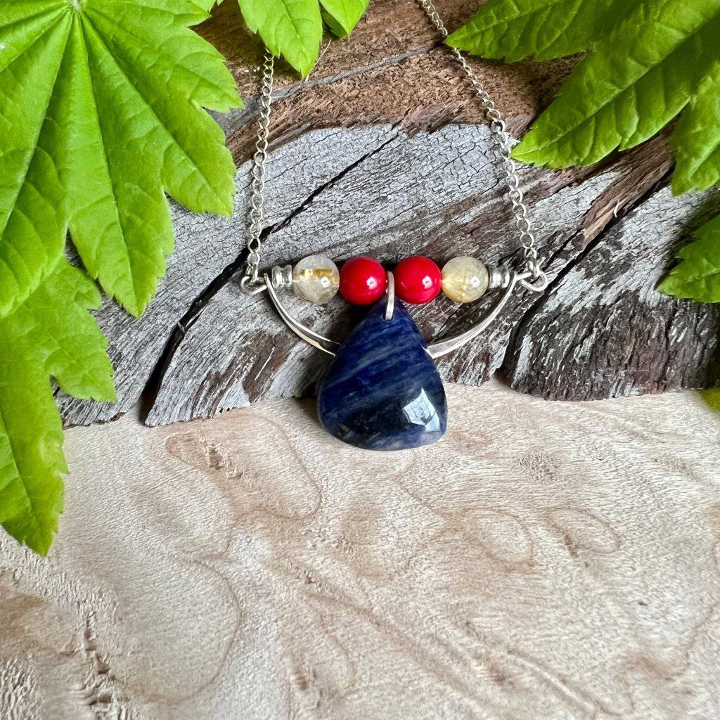 Sodalite, Golden rutile, Red coral, Transformation Mythology Crystal Necklace - Studio Selyn