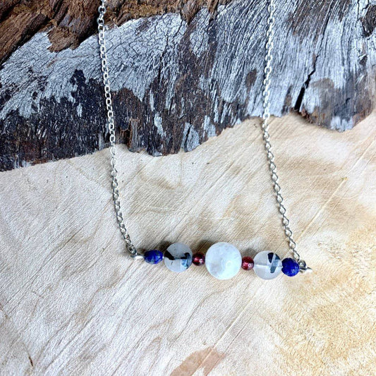 Tourmaline Quartz, Moonstone, Lapis, Garnet Courage Horizon Crystal Necklace - Studio Selyn