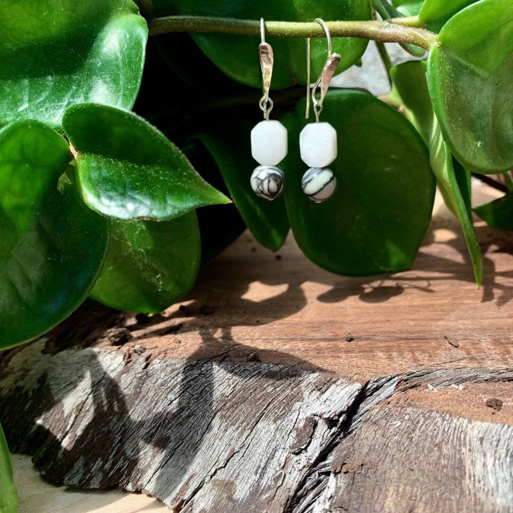 White Jade, Spiderweb Jasper, Crystals Earrings - Studio Selyn